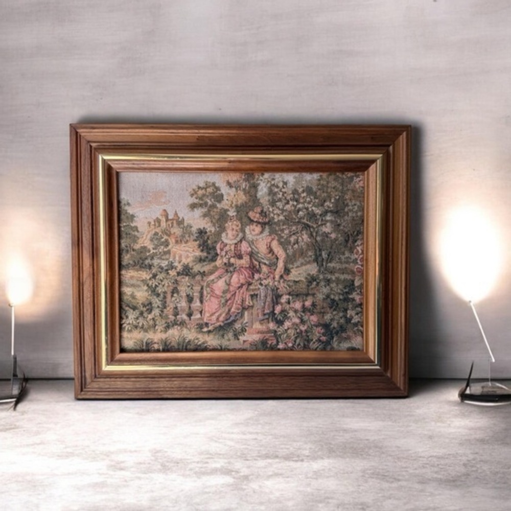 Vintage Tapestry Wall Art Pink & Green Countryside Scene wooden brass frame